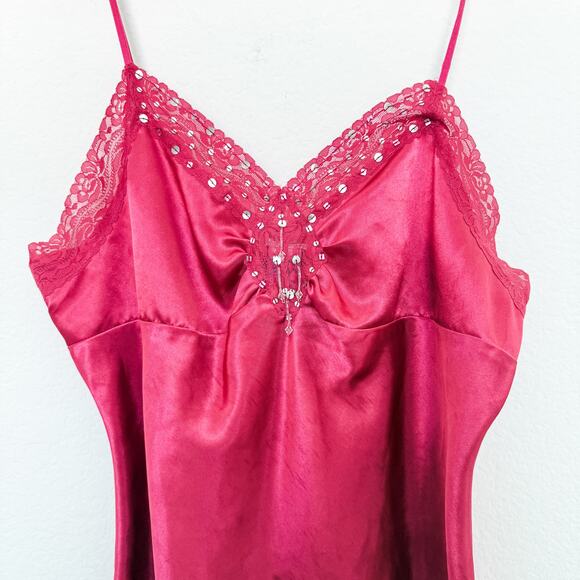Y2K One Step Up Beaded Lace Cami Dark Pink Size Large Coquette Fairy Glam - Picture 2 of 9